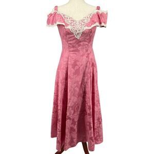 VTG 70s Victorian Edwardian Jacquard Brocade White‎ Lace Off The Shoulder Dress